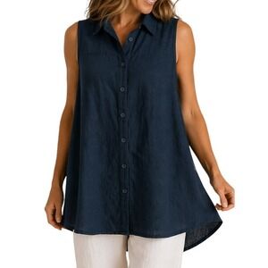FLAX Linen Sleeveless Tunic Top Navy Blue Button Down Size Small